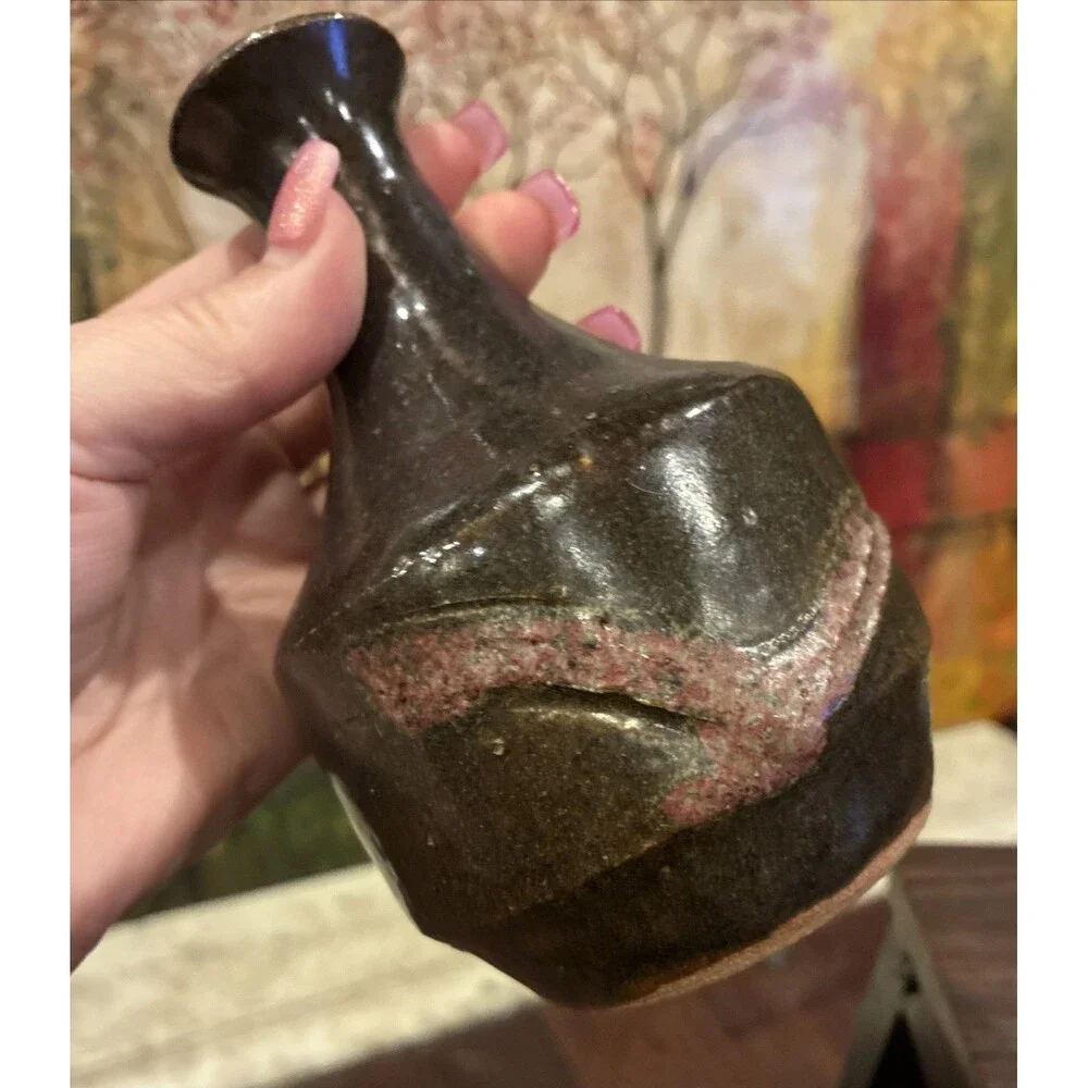 Vintage Signed Studio Pottery 1991 Tenmoku Stoneware Tokkuri Vase